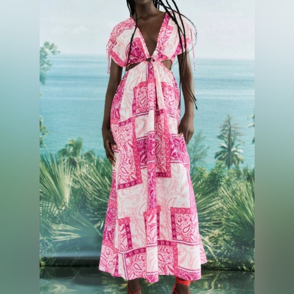 Zara Patchwork Maxi Dress Size S Pink Bandana Print Dolman Sleeve Cutout - Picture 1 of 16